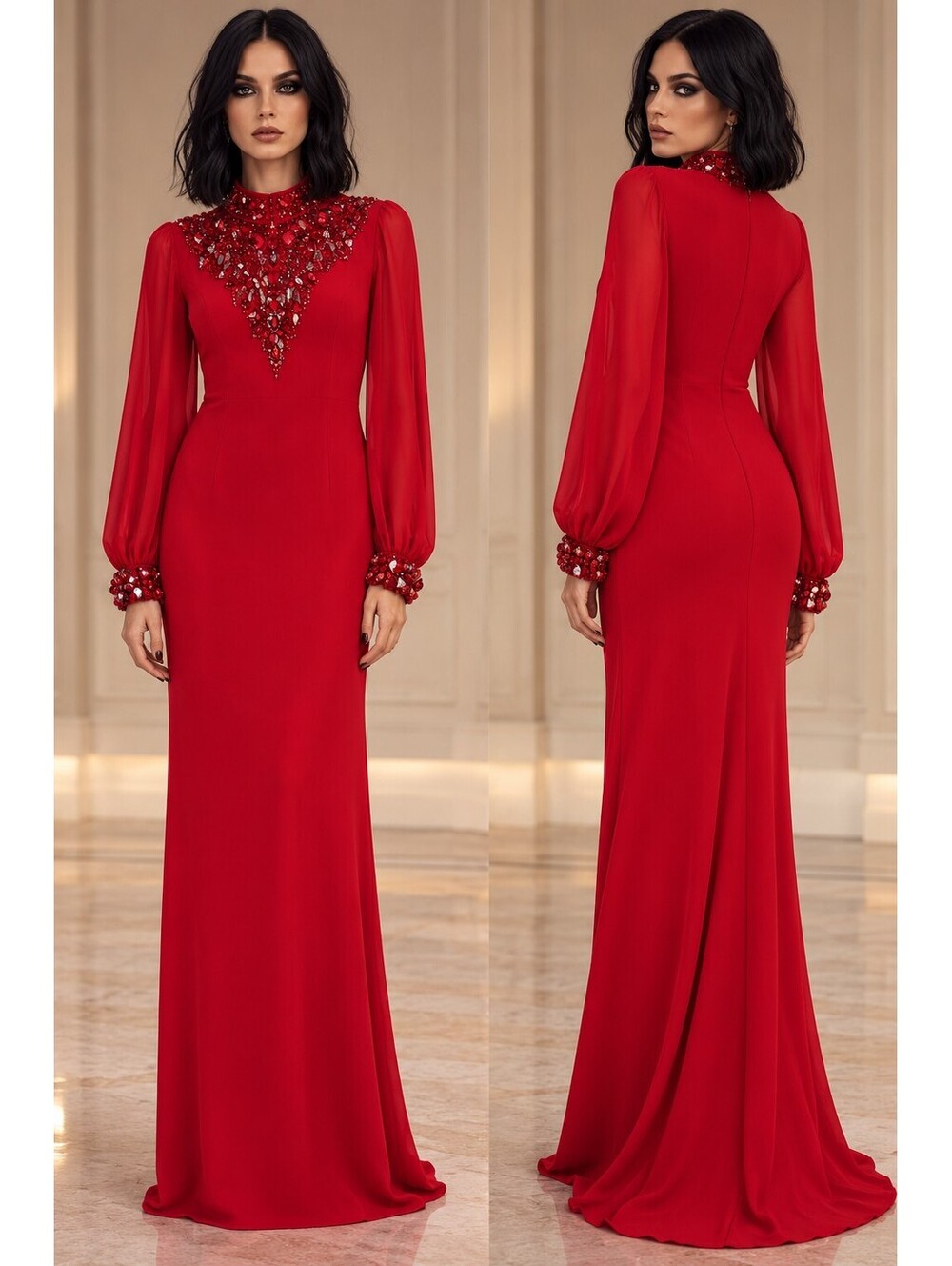Badgley Mischka sz 4 Red Beaded Rhinestone Long Sleeve Modest Gown Formal Maxi